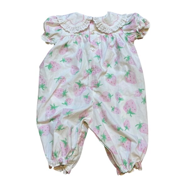 Vintage Baby Strawberry Print Bubble Romper 3-6 Months Cotton - Picture 3 of 9